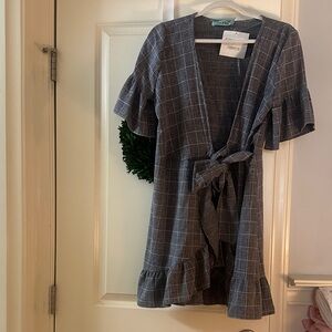 Karlie Bluish Gray and White wrap dress